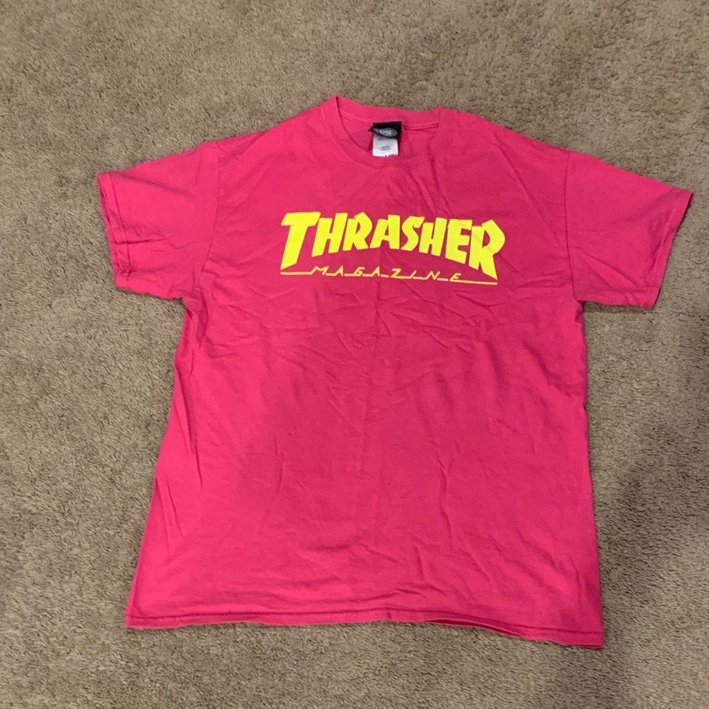 Thrasher Hot Pink Tee with Bold Yellow Logo Size Medium